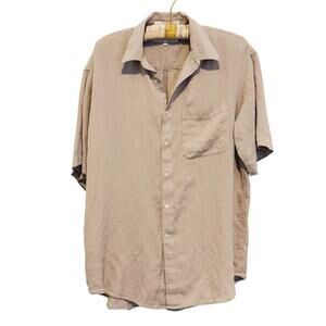 Perry Ellis Mens Silk Short Sleeve Button Up Shirt L Beige Quiet Luxury Casual